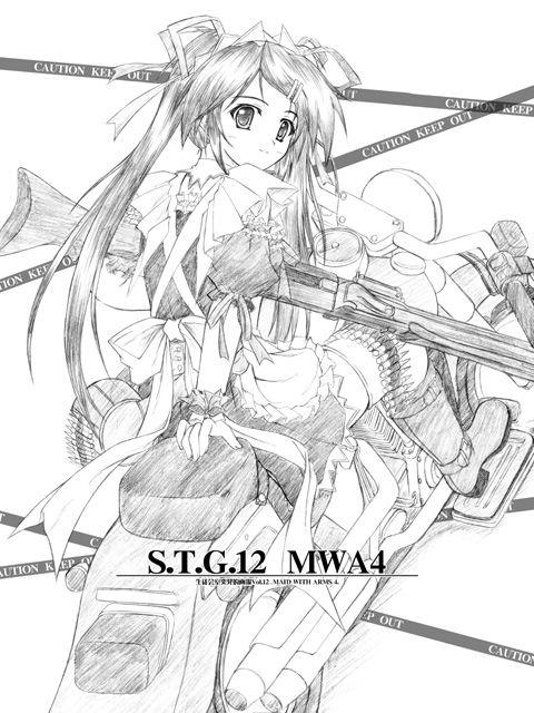 ammo_belt, anti-materiel_rifle, boots, gun, machine_gun, maid, monochrome, motor_vehicle
