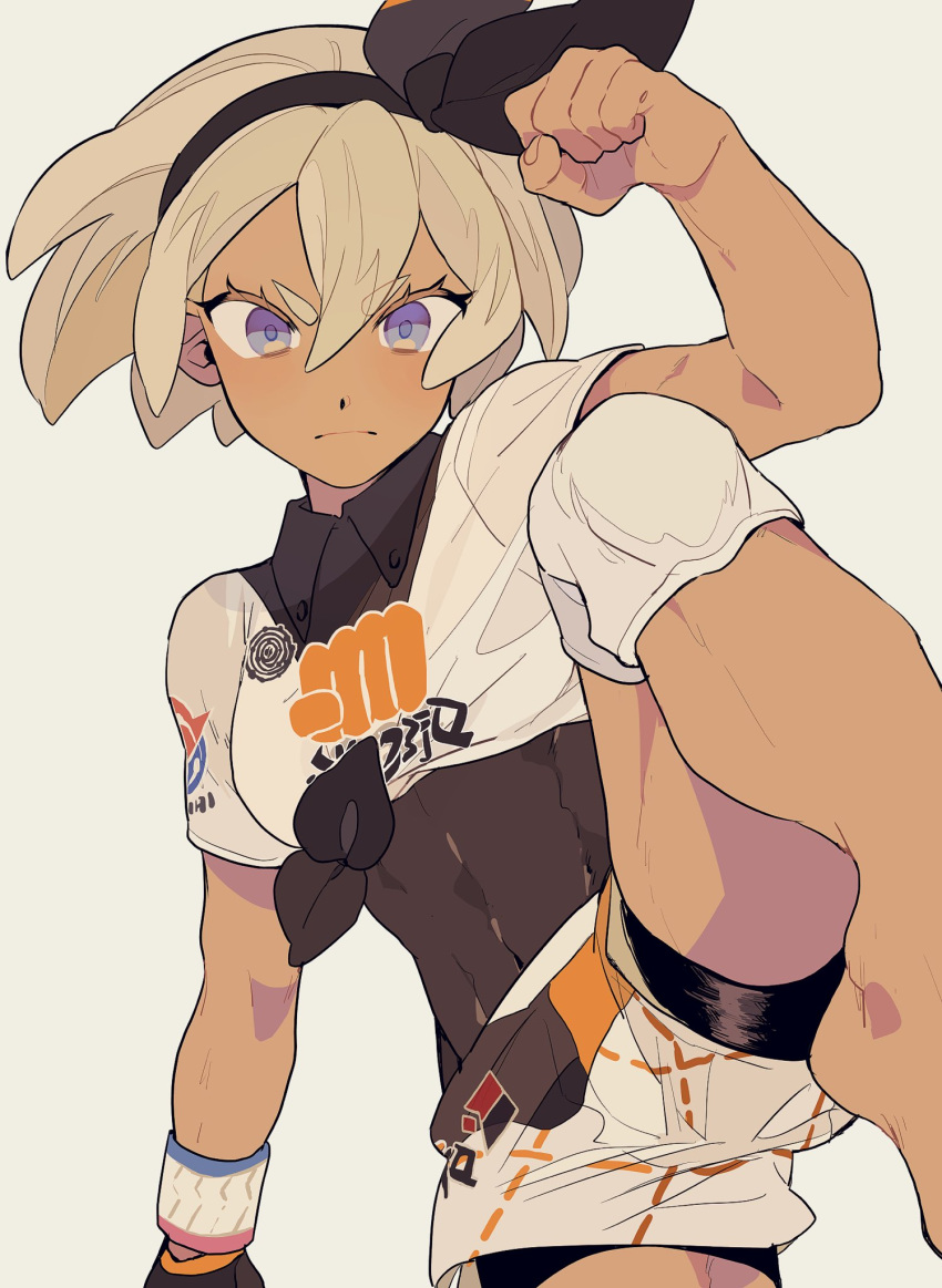 1girl, bangs, bea_(pokemon), black_bodysuit, black_hairband, blonde_hair, bodysuit, bodysuit_under_clothes, bow_hairband, clenched_hand, closed_mouth, collared_shirt, dynamax_band, eyebrows_visible_through_hair, eyelashes, gloves, gym_leader, hair_between_eyes, hairband, highres, knee_pads, leg_up, looking_at_viewer, ninonuko, pokemon, pokemon_(game), pokemon_swsh, print_shirt, print_shorts, shirt, short_hair, short_sleeves, shorts, single_glove, solo, tied_shirt, violet_eyes, white_background