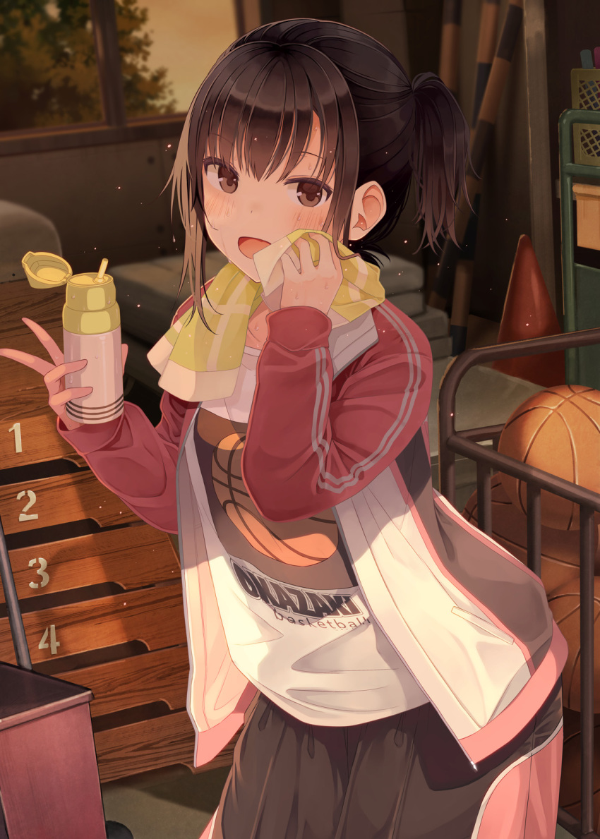 1girl, :d, ball, bangs, basketball, black_shorts, blush, bottle, brown_eyes, brown_hair, clothes_writing, covering_one_eye, eyebrows_visible_through_hair, gym_storeroom, highres, holding, holding_bottle, indoors, jacket, long_sleeves, looking_at_viewer, mat, niichi_(komorebi-palette), number, open_mouth, original, pink_sleeves, print_shirt, shirt, short_hair, shorts, side_ponytail, smile, solo, sweat, towel, towel_around_neck, track_jacket, traffic_cone, v, white_jacket, white_shirt, window, wiping_sweat