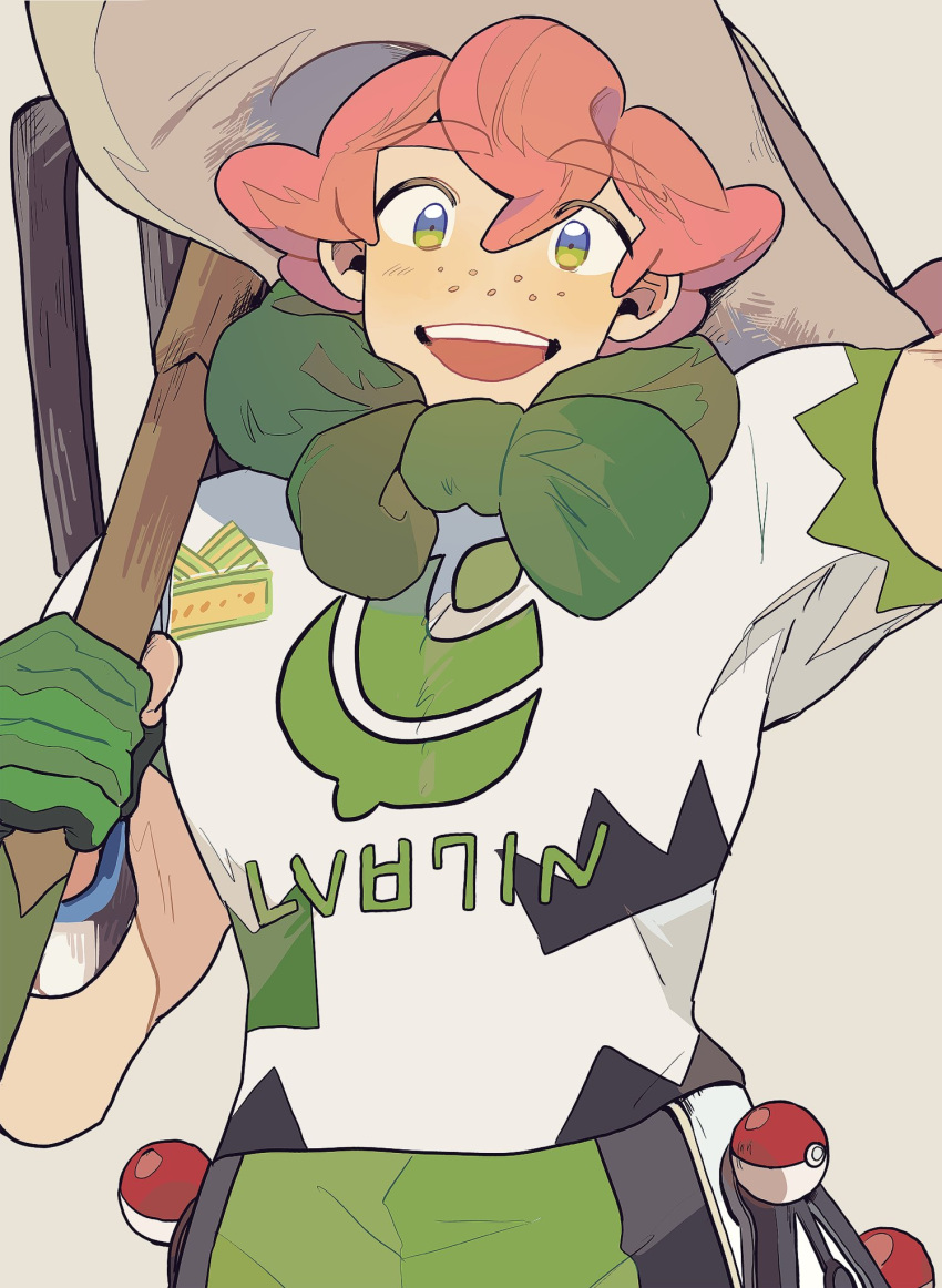 1boy, :d, beige_headwear, blush, dynamax_band, freckles, gloves, green_eyes