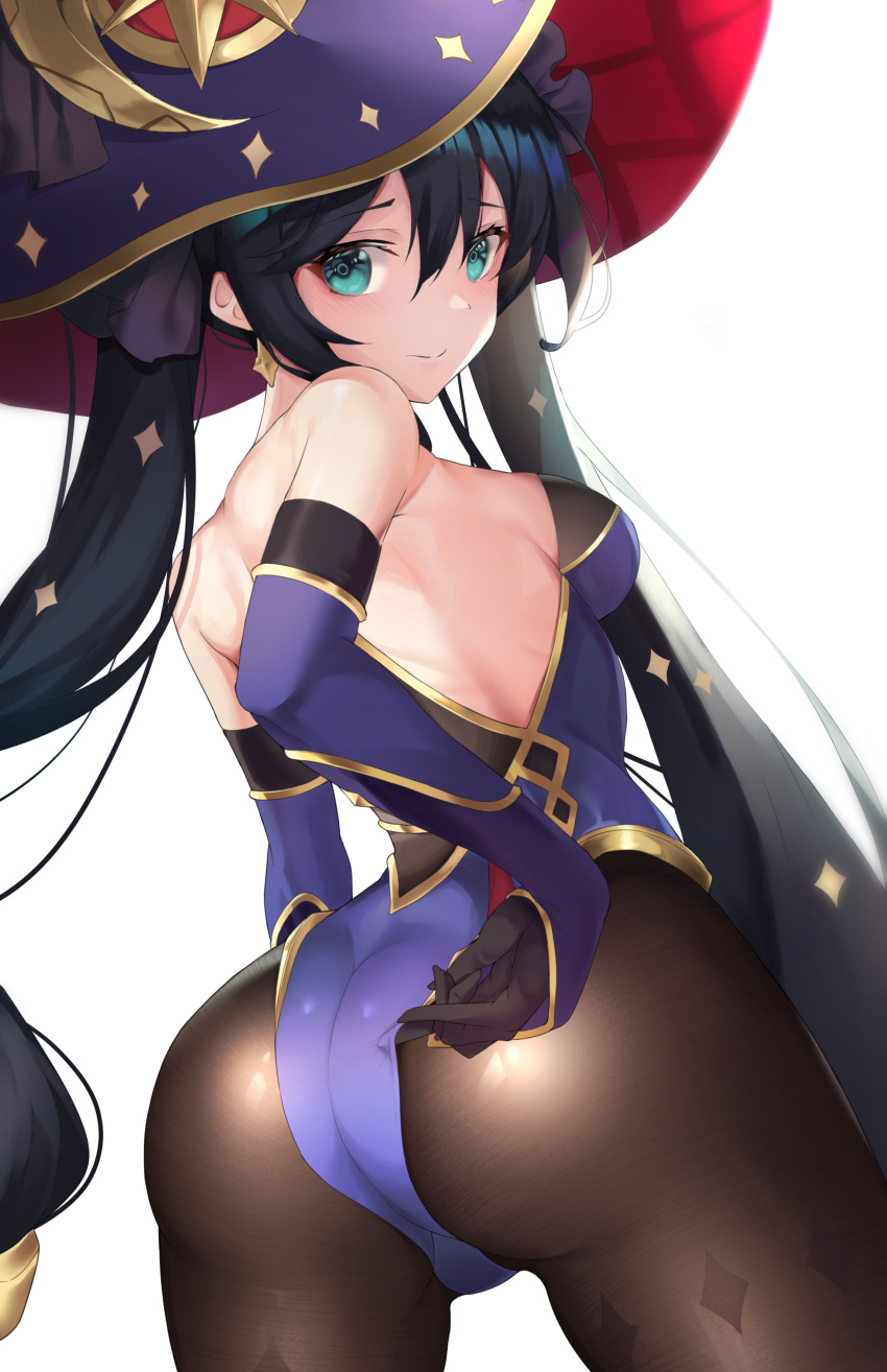1girl, absurdres, aqua_eyes, ass, black_hair, blue_leotard, bodystocking, bodysuit_under_clothes