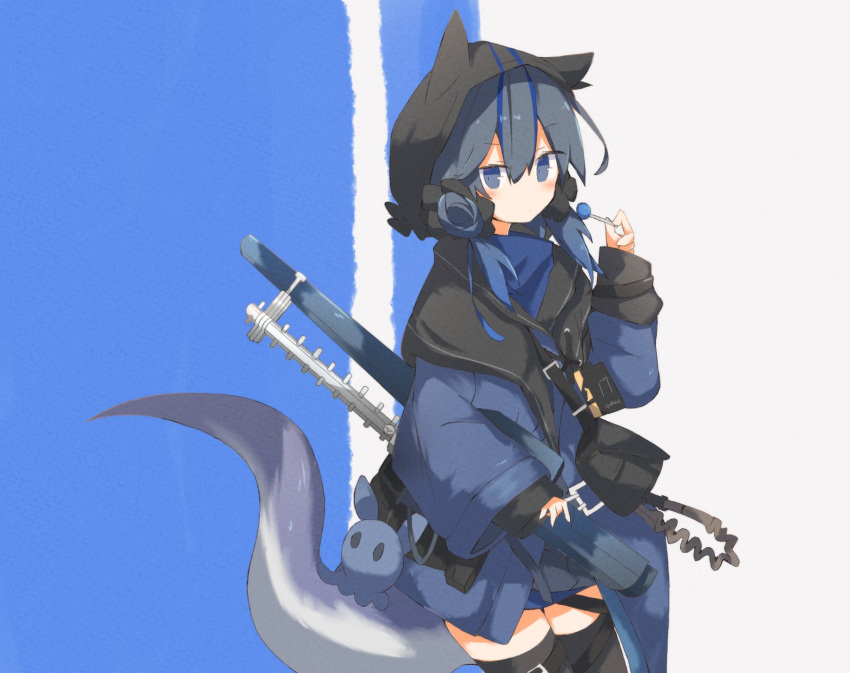 1girl, animal_ears, animal_hood, arknights, black_legwear, black_sailor_collar, blue_eyes, blue_hair, blue_jacket, blush, candy, commentary, cowboy_shot, double_bun, fake_animal_ears, food, glaucus_(arknights), hair_between_eyes, highres, holding, holding_candy, holding_food, hood, jacket, long_sleeves, looking_at_viewer, makurakui, multicolored_hair, pouch, sailor_collar, solo, standing, streaked_hair, stuffed_animal, stuffed_toy, tail, thigh-highs, twintails, zettai_ryouiki
