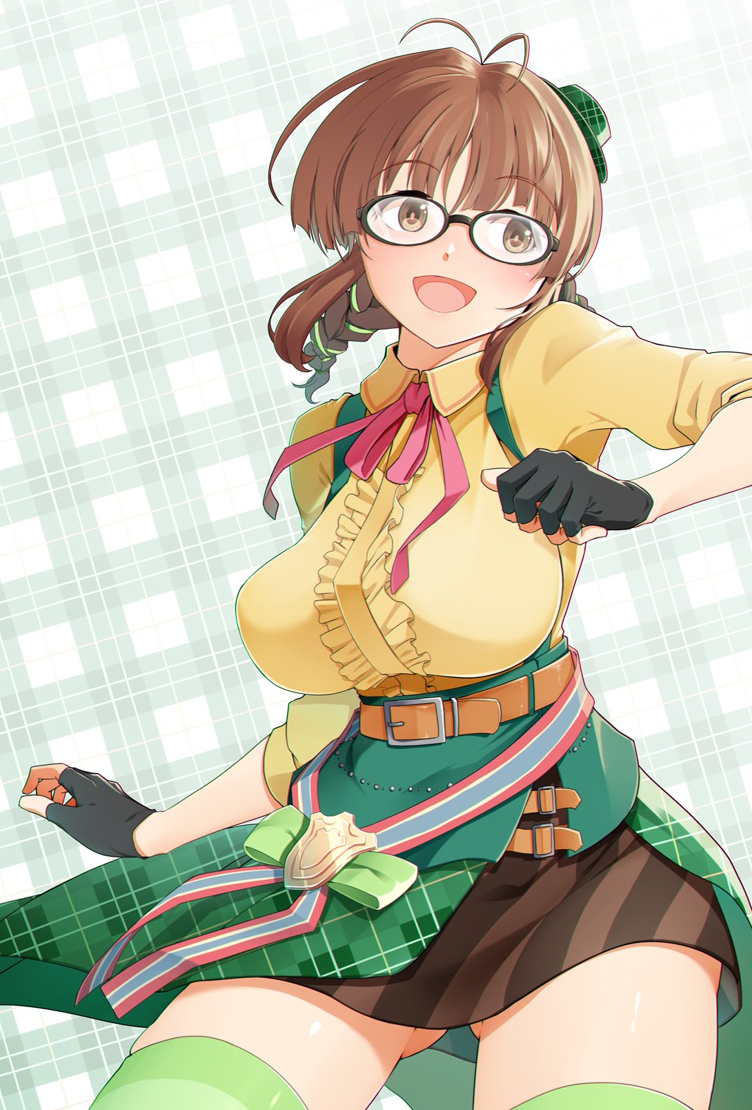 1girl, akizuki_ritsuko, antenna_hair, ass_visible_through_thighs, belt, black_gloves, blush, braid
