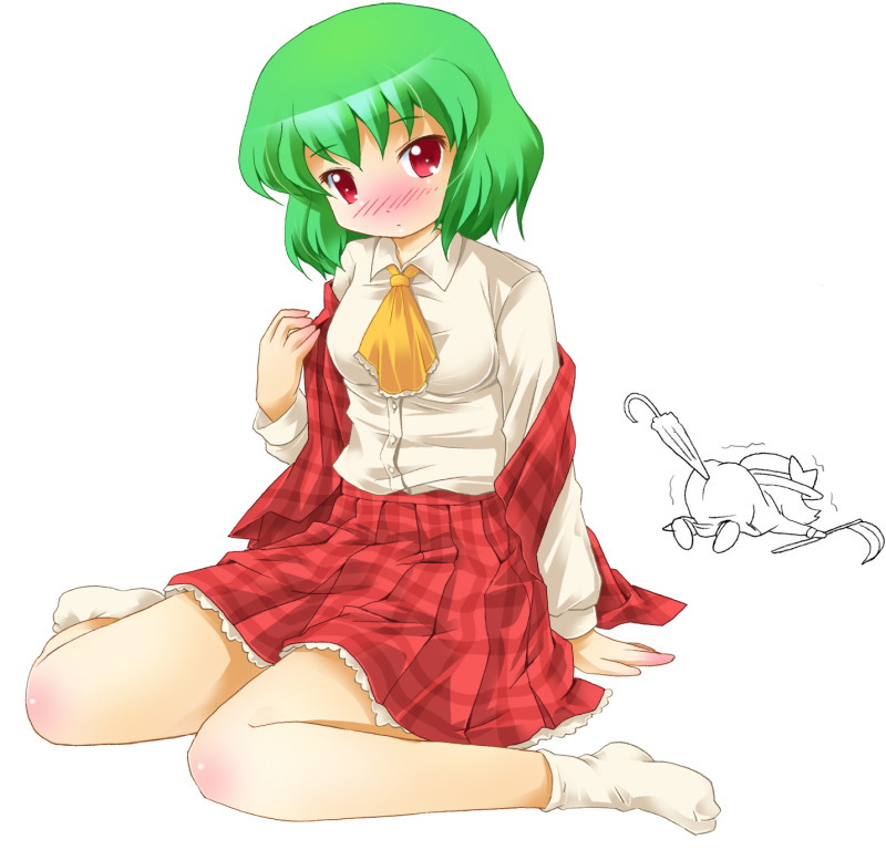ascot, blush, closed_umbrella, elly, green_hair, kazami_yuuka, michii_yuuki, multiple_girls, off_shoulder, ouch, plaid, plaid_skirt, plaid_vest, red_eyes, scythe, shirt_slip, short_hair, sitting, skirt, skirt_set, top-down_bottom-up, touhou, touhou_(pc-98), trembling, umbrella, white_background