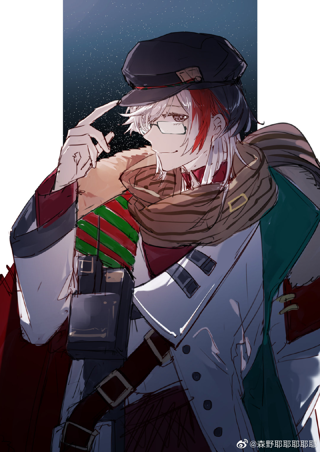 1boy, arknights, brown_scarf, chinese_commentary, coat, elysium_(arknights), elysium_(winter_echo)_(arknights), fur_trim, glasses, hand_up, hat, highres, index_finger_raised, multicolored_hair, official_alternate_costume, open_clothes, red_eyes, redhead, scarf, semi-rimless_eyewear, senye_yeyeyeyeye, short_hair, smile, solo, standing, streaked_hair, upper_body, walkie-talkie, weibo_username, white_coat, white_hair