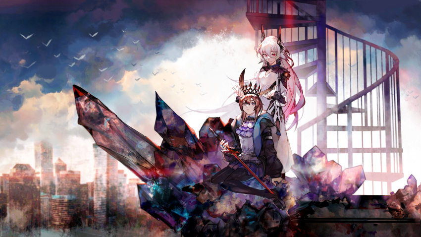 2girls, amiya_(arknights), animal_ears, arknights, ascot, azalea_(artist), bird, black_jacket