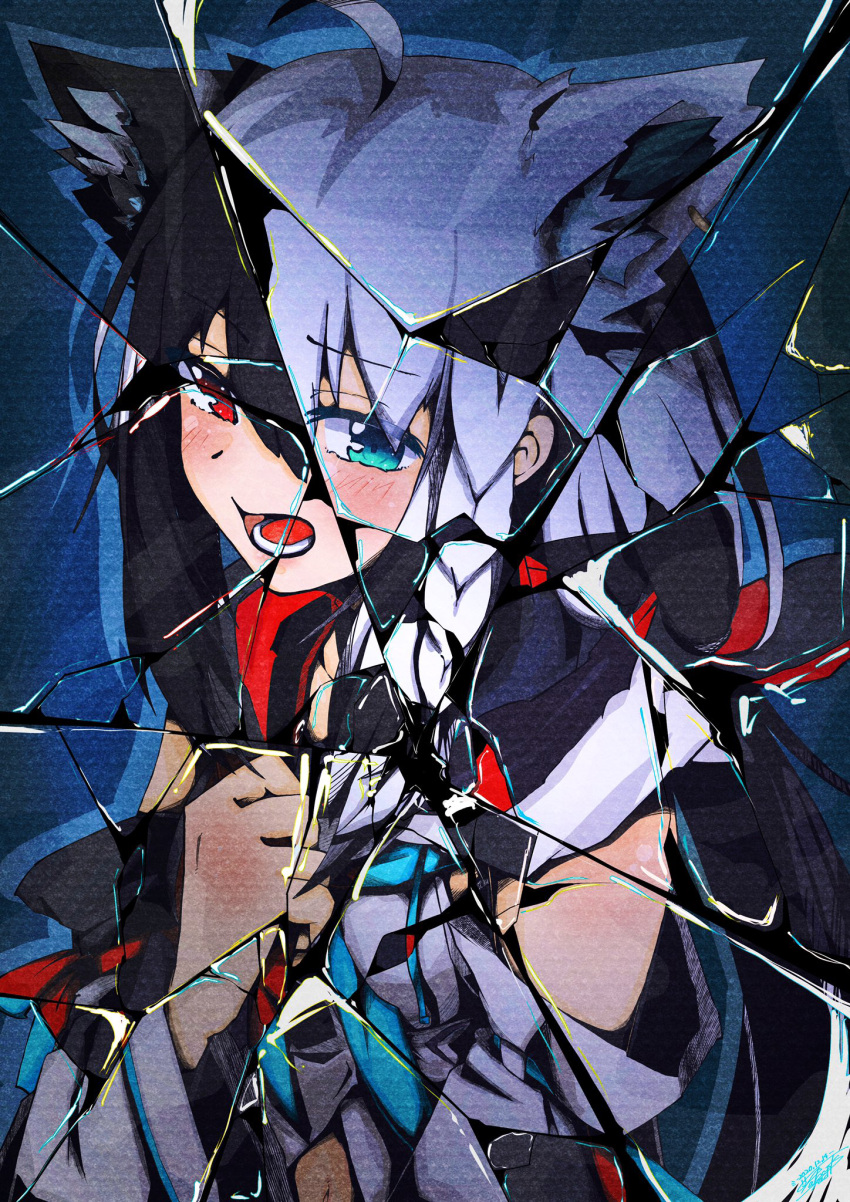 2girls, ahoge, animal_ears, aoi_rt0, bangs, black_hair, black_hoodie, blue_neckwear, blush, braid, broken_glass, commentary_request, detached_sleeves, earrings, eyebrows_visible_through_hair, fox_ears, fox_girl, glass, green_eyes, hair_between_eyes, hand_on_own_chest, highres, hololive, hood, hoodie, jewelry, kurokami_fubuki, long_hair, looking_at_viewer, multiple_girls, neckerchief, open_mouth, red_eyes, shirakami_fubuki, sidelocks, signature, single_braid, virtual_youtuber, white_hair, white_hoodie