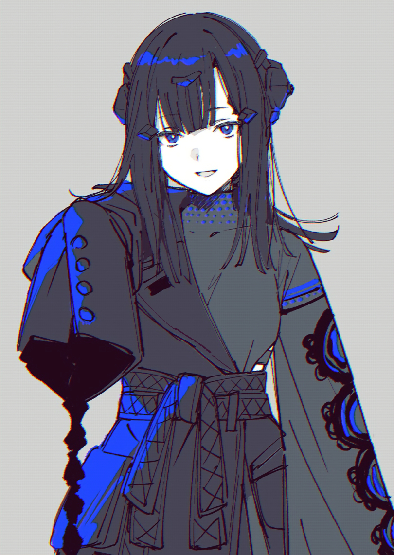 1girl, :d, arm_at_side, bangs, belt, black_coat, black_dress, black_hair