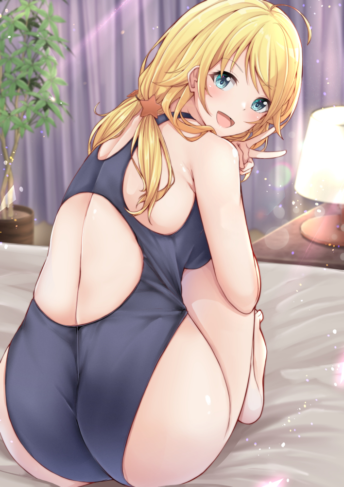 1girl, ahoge, ass, bed, black_swimsuit, blonde_hair, blue_eyes, commentary_request