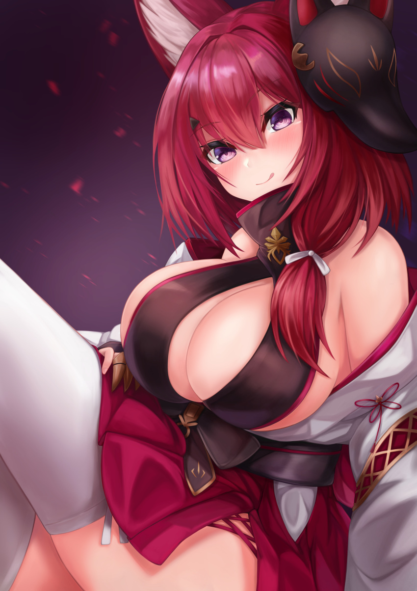 1girl, absurdres, animal_ears, azur_lane, bare_shoulders, breasts, center_opening, chiyoda_(azur_lane)