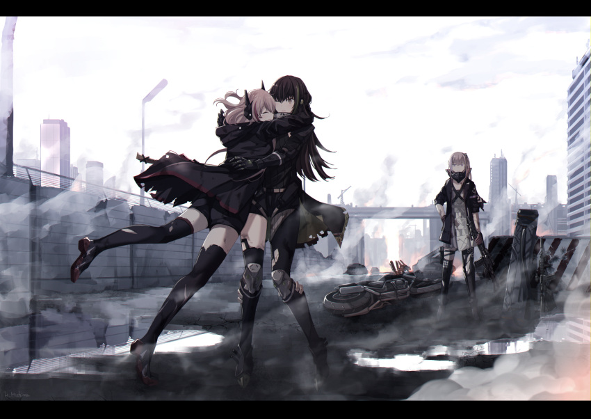 3girls, bangs, brown_hair, city, dress, gas_mask, girls_frontline, gloves