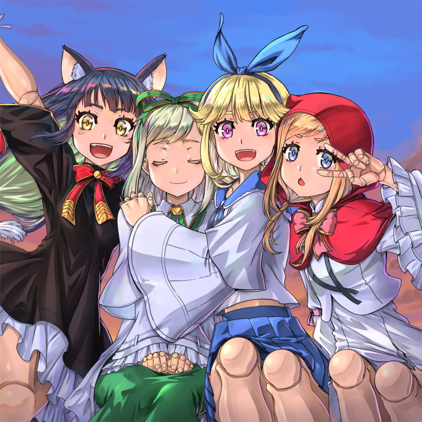 4girls, :d, :o, ael_(kumo_desu_ga_nani_ka?), animal_ears, arm_up, bangs, black_dress, black_hair, blonde_hair, blouse, blue_bow, blue_eyes, blue_ribbon, blue_skirt, blush, bow, capelet, closed_eyes, closed_mouth, colored_inner_hair, commentary_request, cowboy_shot, day, daye_shushu, doll, doll_joints, dress, fang, fiel_(kumo_desu_ga_nani_ka?), frilled_dress, frilled_sleeves, frills, green_bow, green_ribbon, green_skirt, hair_bow, hair_ribbon, hand_on_another's_shoulder, hands_on_own_knees, highres, hood, hood_up, joints, kumo_desu_ga_nani_ka?, long_hair, long_sleeves, looking_at_viewer, medium_hair, multicolored_hair, multiple_girls, neck_ribbon, open_mouth, outdoors, pleated_skirt, red_capelet, red_hood, red_neckwear, red_ribbon, ribbon, riel_(kumo_desu_ga_nani_ka?), sael_(kumo_desu_ga_nani_ka?), sailor_collar, short_sleeves, sidelocks, silver_hair, sitting, skirt, sky, smile, swept_bangs, u_u, v, v_over_eye, violet_eyes, white_blouse, white_skirt, wide_sleeves, wolf_ears, yellow_eyes