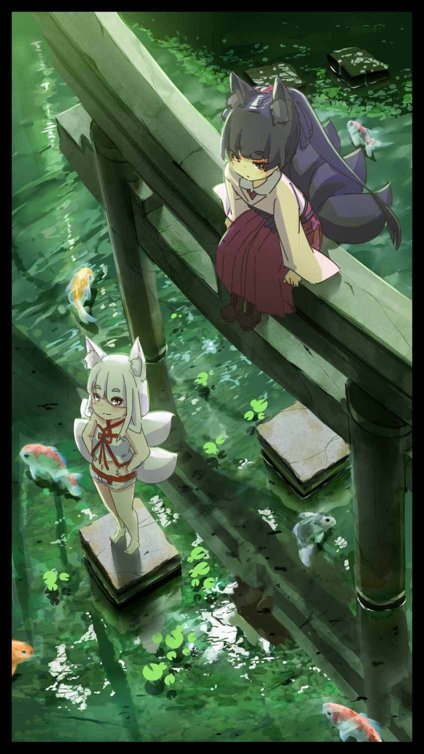 2girls, animal_ear_fluff, animal_ears, bangs, barefoot, black_border, black_hair, blunt_bangs