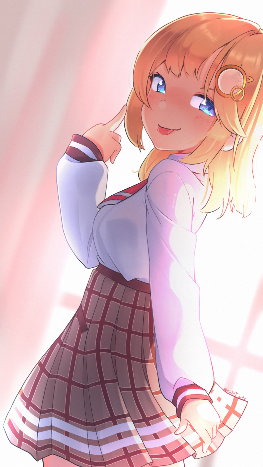 1girl, :p, artist_apprentice, artist_name, bangs, blonde_hair, blue_eyes, blush