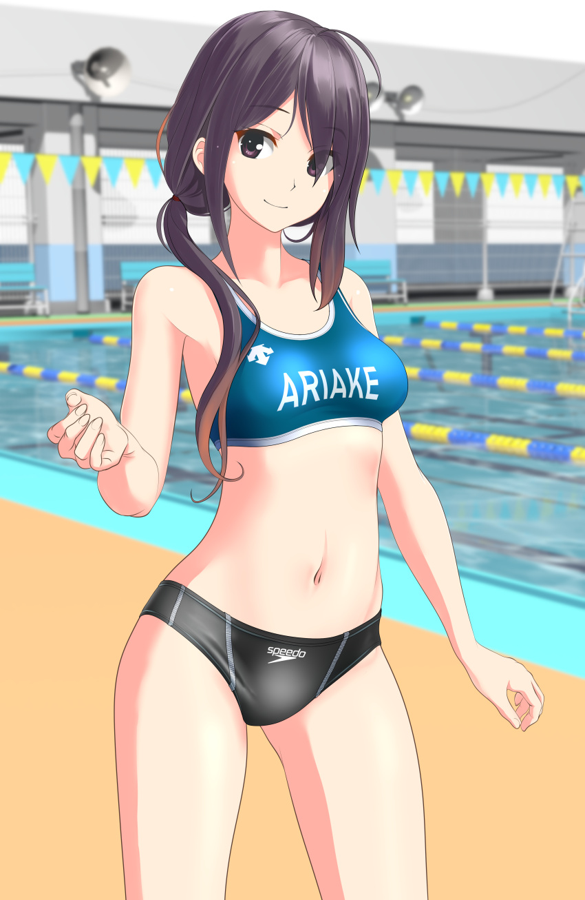 1girl, absurdres, ariake_(kantai_collection), bikini, black_eyes, black_hair, breasts, character_name