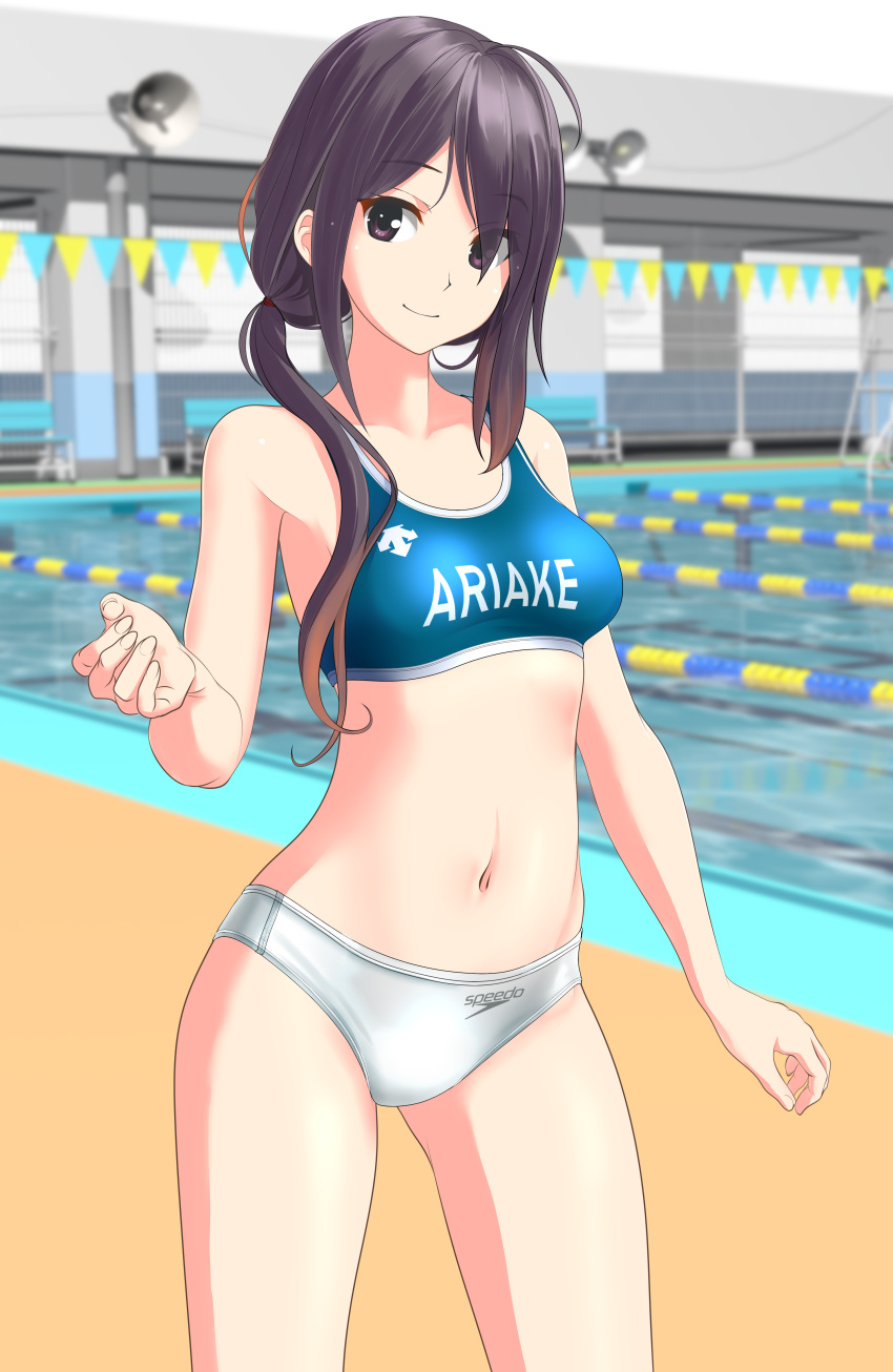 1girl, absurdres, ariake_(kantai_collection), bikini, black_eyes, black_hair, breasts, character_name