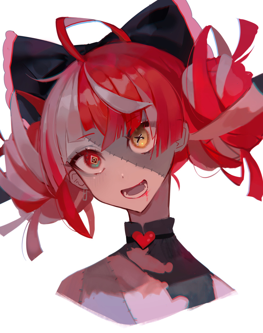 1girl, absurdres, ahoge, bangs, black_bow, blood, blood_from_mouth, bow, colored_skin, double_bun, eyebrows_visible_through_hair, grey_hair, grey_skin, hair_bow, heterochromia, highres, hololive, hololive_indonesia, kureiji_ollie, misu_(miisuuu), multicolored_hair, open_mouth, pink_hair, red_eyes, redhead, solo, stitched_face, stitches, upper_body, virtual_youtuber, white_background, yellow_eyes, zombie