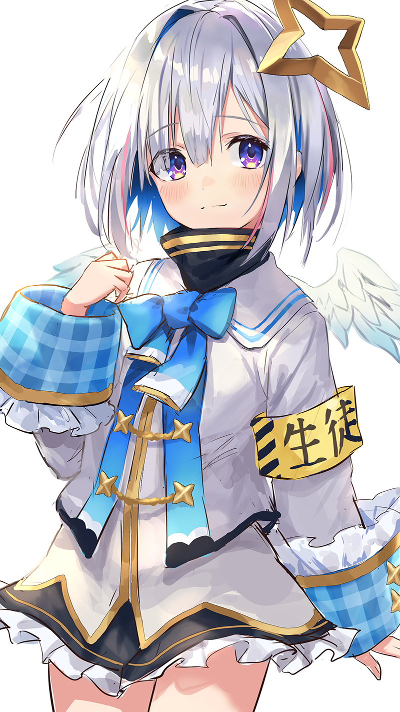 1girl, amane_kanata, angel_wings, armband, bang, blue_hair, colored_inner_hair, eyebrows_visible_through_hair