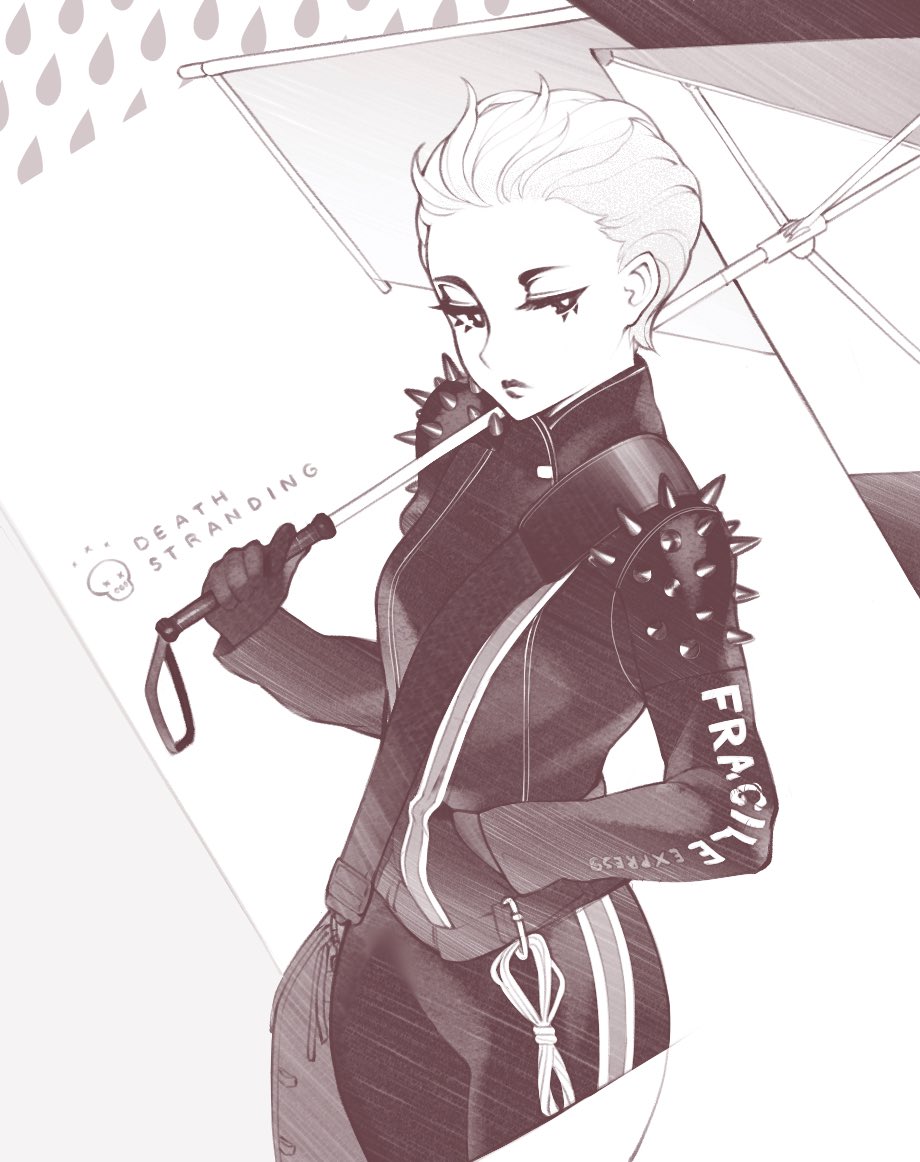 1girl, closed_mouth, commentary, copyright_name, cowboy_shot, death_stranding, english_commentary, fragile_(death_stranding), gloves, greyscale, halphelt, hand_in_pocket, holding, holding_umbrella, long_sleeves, looking_at_viewer, monochrome, pants, short_hair, shoulder_spikes, sideways_glance, solo, spikes, standing, umbrella
