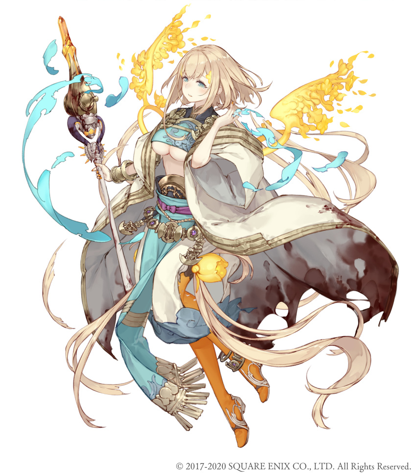 1girl, aladdin_(sinoalice), alternate_hair_length, alternate_hairstyle, anklet, aqua_eyes, blonde_hair, blood