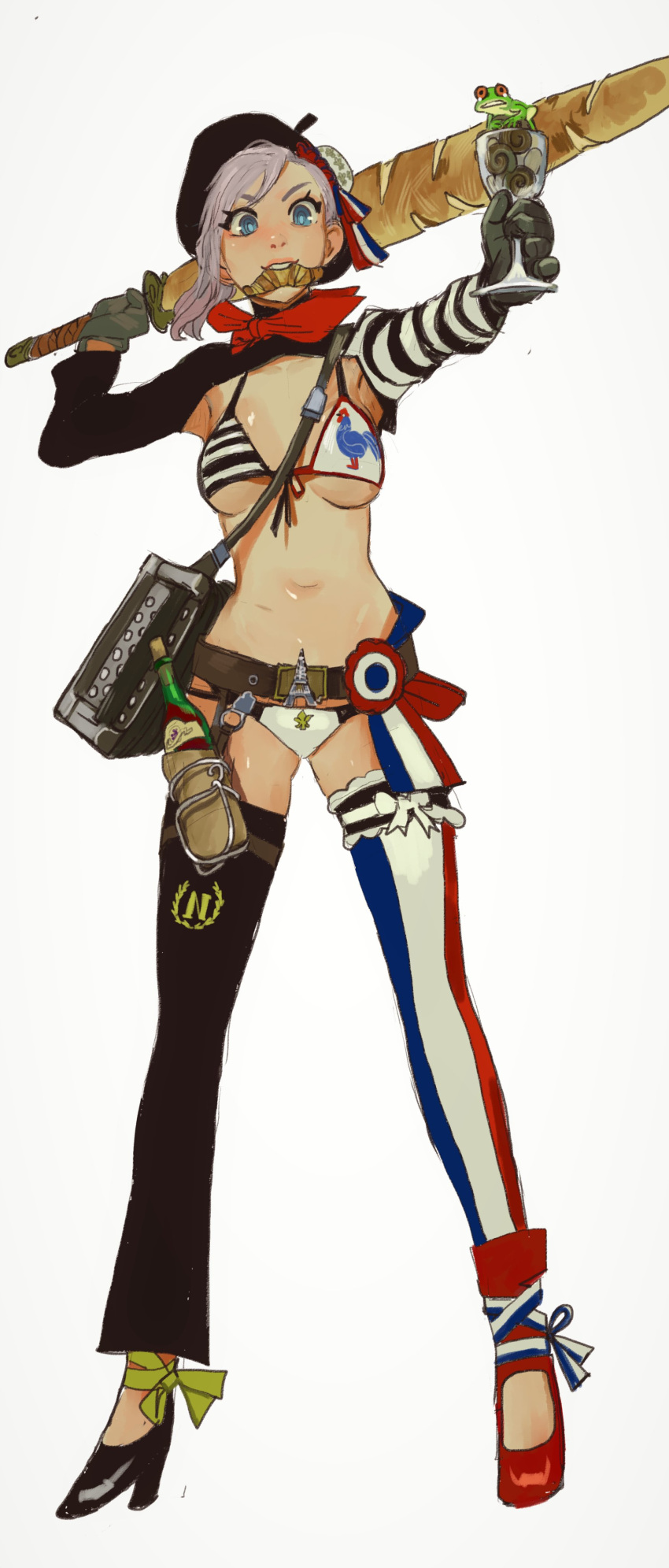 1girl, absurdres, adapted_costume, alternate_weapon, bag, baguette, belt, beret, black_headwear, blue_eyes, bottle, bread, breasts, croissant, cup, detached_leggings, drinking_glass, english_commentary, fate/grand_order, fate_(series), flag_print, food, food_in_mouth, france, french_flag, frog, full_body, hat, high_heels, highres, holding, holding_weapon, long_legs, medium_breasts, mismatched_footwear, mismatched_legwear, miyamoto_musashi_(fate/grand_order), mossacannibalis, mouth_hold, navel, outstretched_arm, pink_hair, shinai, shrug_(clothing), snails, solo_focus, standing, striped, sword, under_boob, vertical_stripes, weapon, white_background, wine_bottle, wine_glass