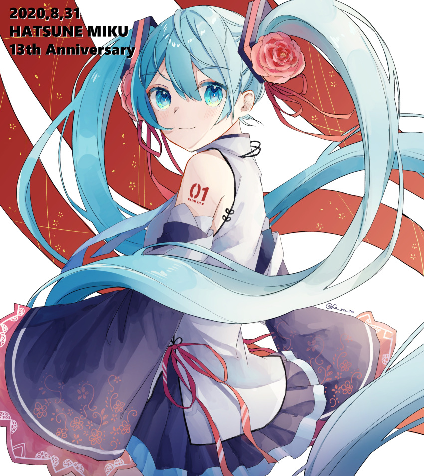 1girl, absurdres, anniversary, aqua_eyes, aqua_hair, aqua_neckwear, bare_shoulders, black_skirt