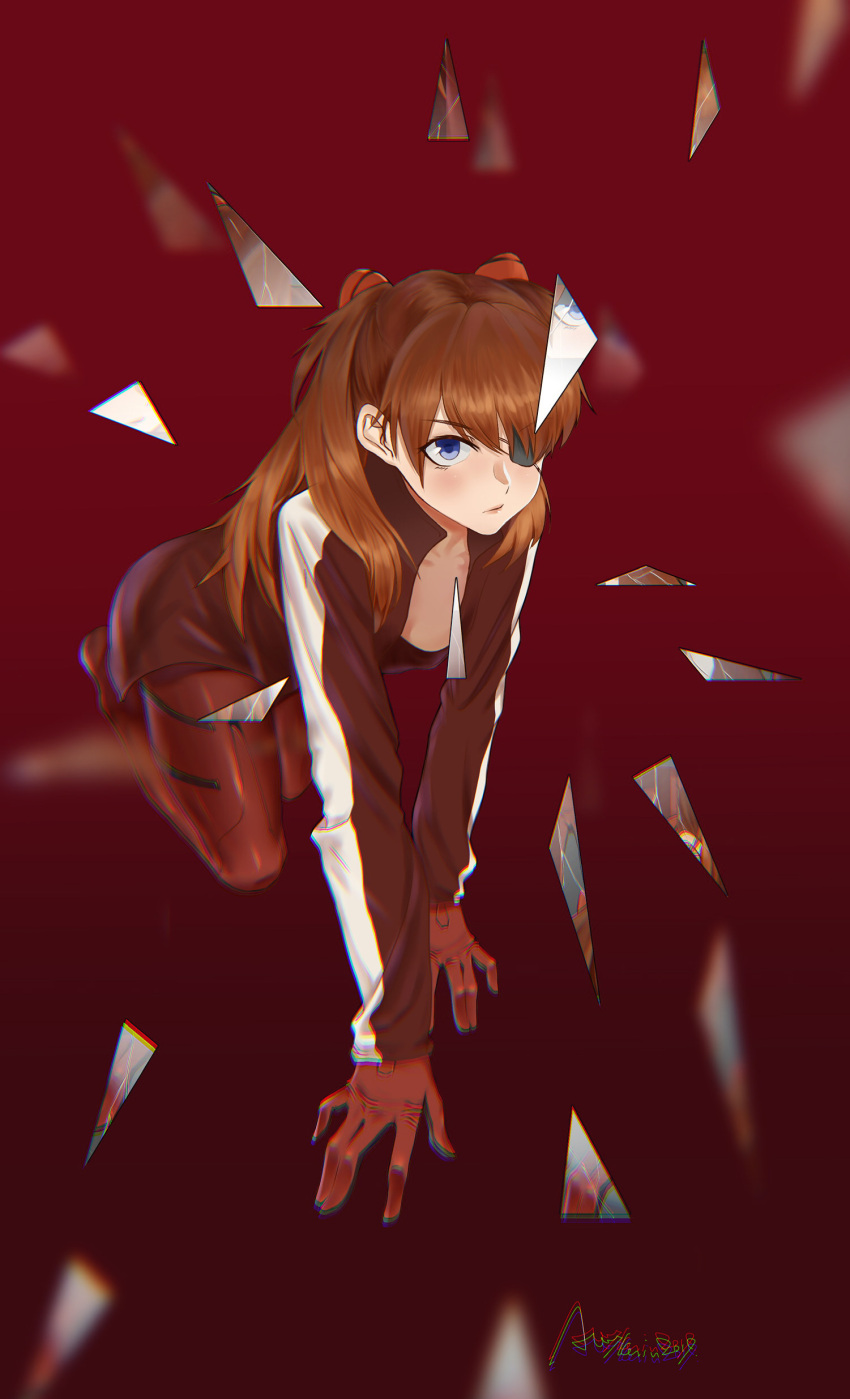 1girl, absurdres, alenx_kevin, all_fours, blue_eyes, bodysuit, brown_hair, closed_mouth
