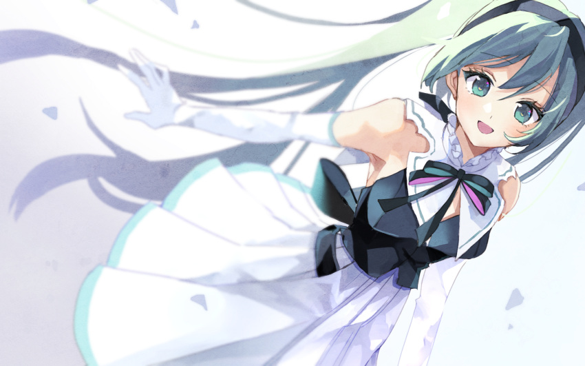 1girl, :d, armpits, bangs, black_hairband, black_ribbon, blue_hair, cowboy_shot, dress, elbow_gloves, eyebrows_visible_through_hair, floating_hair, gloves, green_eyes, hair_between_eyes, hairband, hatsune_miku, highres, long_hair, looking_at_viewer, miku_symphony_(vocaloid), momoiito, neck_ribbon, open_mouth, pleated_dress, ribbon, shiny, shiny_hair, sleeveless, sleeveless_dress, smile, solo, standing, twintails, very_long_hair, vocaloid, white_background, white_dress, white_gloves