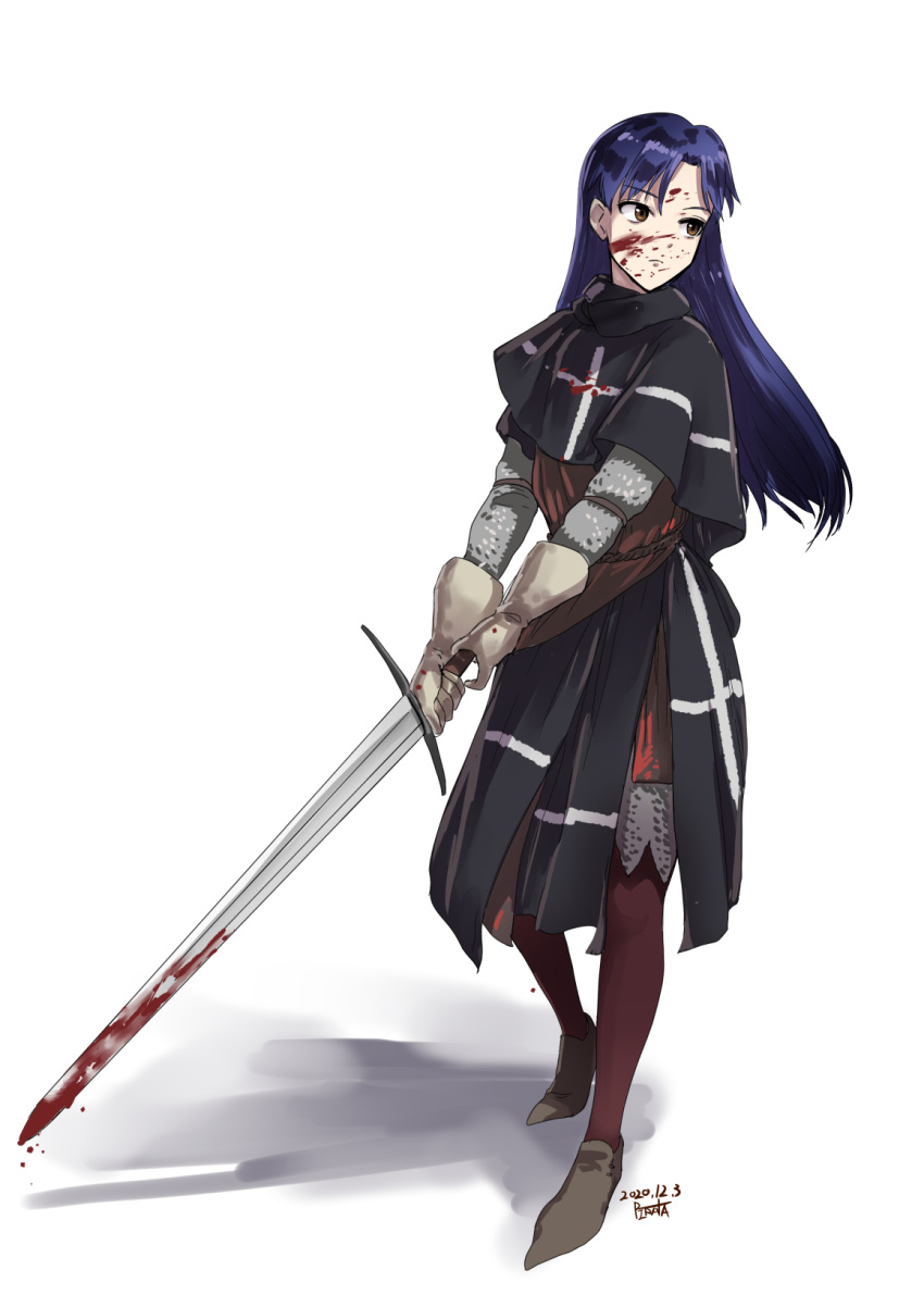 1girl, 2020, bangs, black_capelet, blood, blood_on_face, bloody_weapon, blue_hair, brown_eyes, capelet, closed_mouth, frown, full_body, gloves, grey_gloves, hair_between_eyes, highres, holding, holding_sword, holding_weapon, idolmaster, idolmaster_(classic), kisaragi_chihaya, knight, long_hair, pantyhose, pirata_(gailtonatiu), red_legwear, shiny, shiny_hair, signature, simple_background, solo, straight_hair, sword, templar, very_long_hair, weapon, white_background