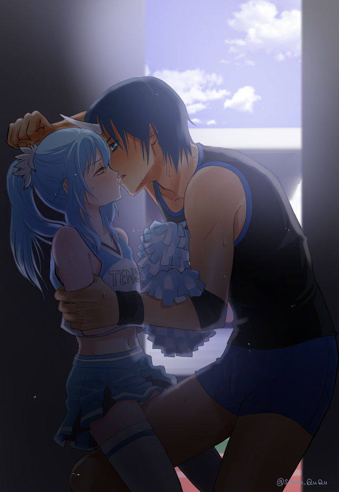 1boy, 1girl, arm_grab, black_shirt, blue_eyes, blue_hair, blue_shorts, blue_skirt
