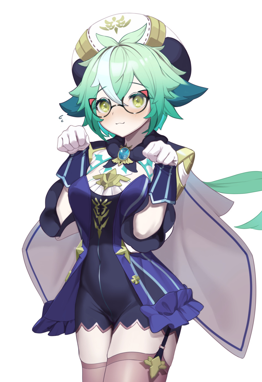 1girl, :3, absurdres, alternate_eyewear, animal_ears, beret, black_legwear, blue_dress