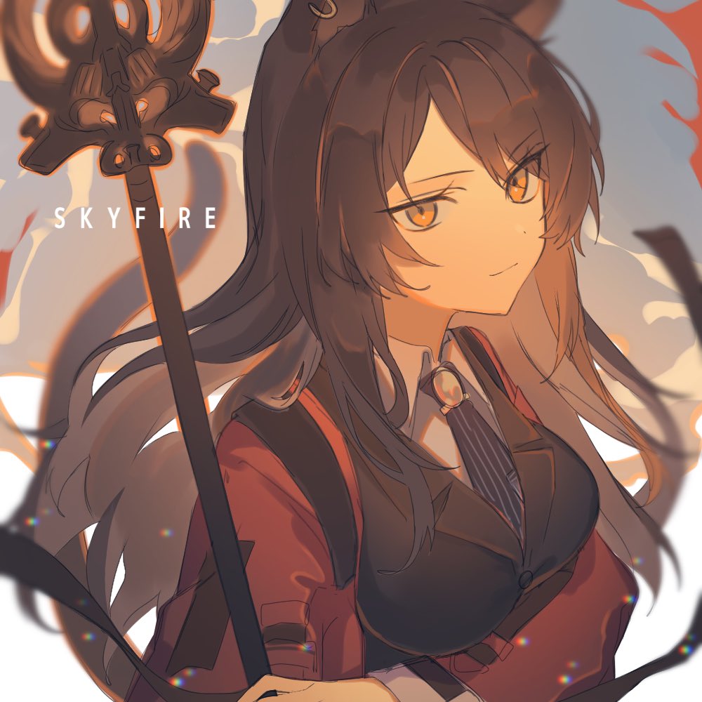 1girl, animal_ears, arknights, black_neckwear, black_suit, breast_hold, breasts, brown_hair