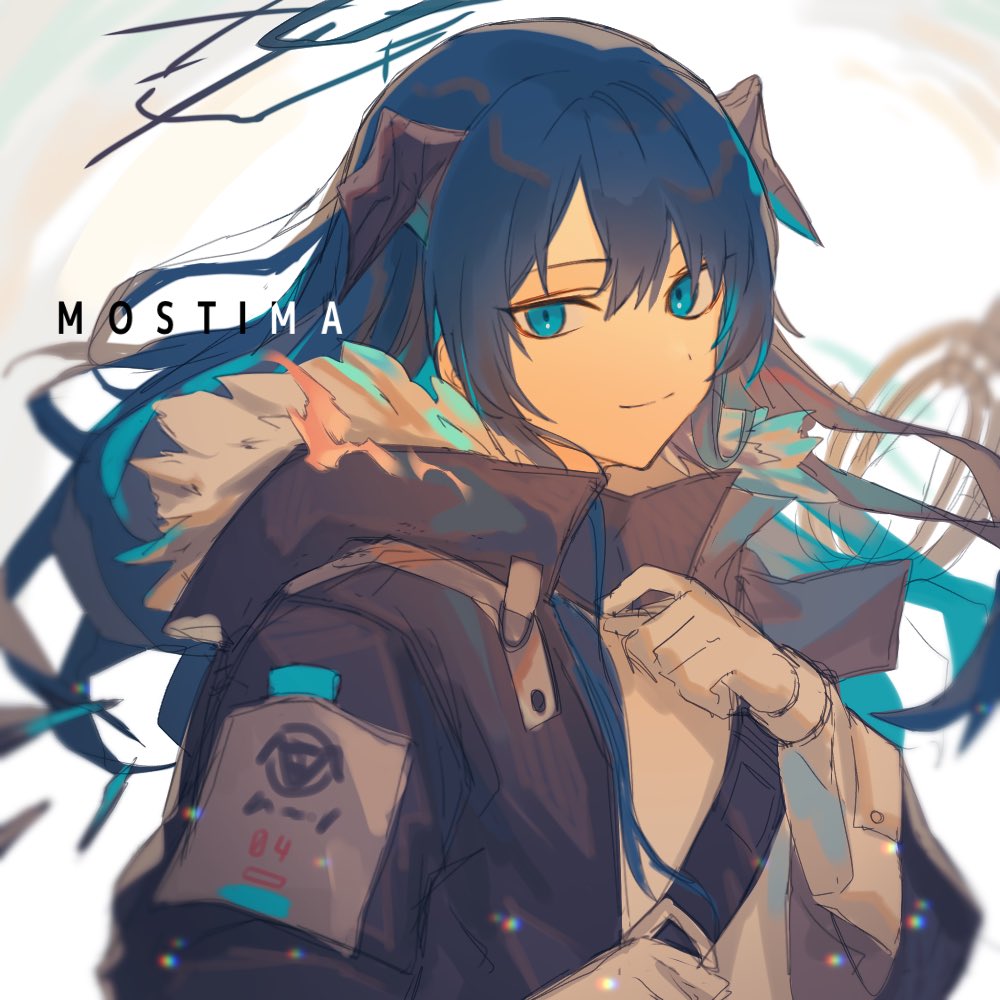 1girl, arknights, black_coat, blue_eyes, blue_hair, character_name, closed_mouth, coat