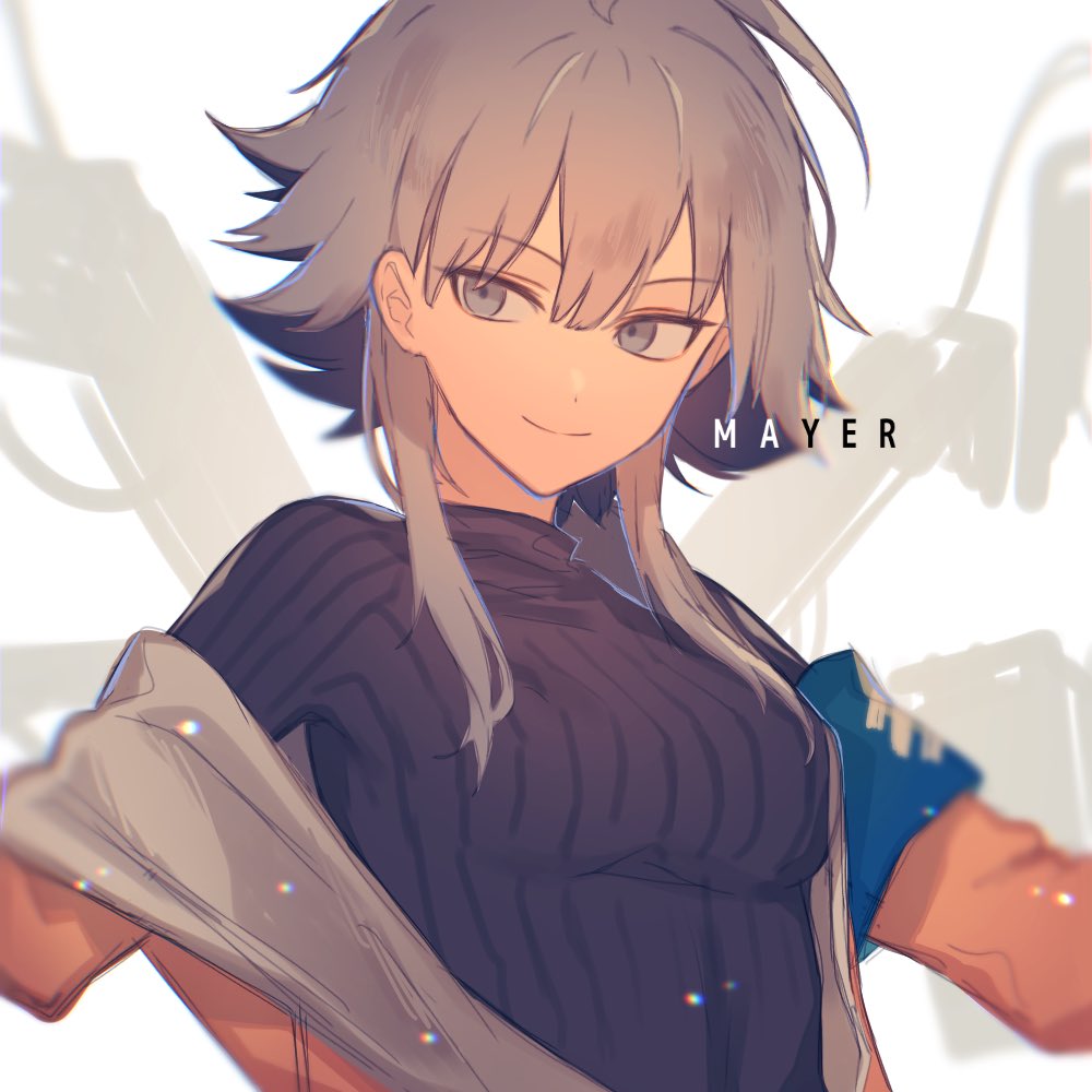 1girl, arknights, armband, black_sweater, breasts, character_name, closed_mouth, commentary