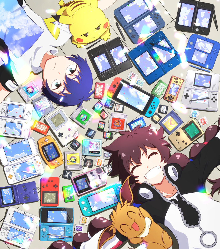 1boy, 1girl, absurdres, bangs, blue_eyes, brown_hair, cartridge, clenched_teeth, closed_eyes, closed_mouth, collarbone, commentary_request, eevee, eyelashes, from_above, game_boy, game_boy_advance_sp, gen_1_pokemon, gotcha!, gotcha!_boy_(pokemon), gotcha!_girl_(pokemon), hair_tie, handheld_game_console, highres, jacket, looking_at_viewer, lying, negimiso1989, nintendo_2ds, nintendo_3ds, nintendo_ds, nintendo_switch, on_back, outstretched_arms, pikachu, pokemon, pokemon_(creature), shirt, short_hair, smile, stylus, teeth, tied_hair, twintails, white_shirt, zipper