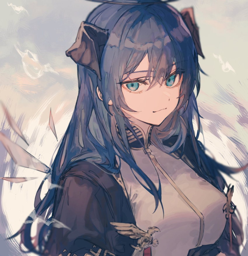 1girl, arknights, black_jacket, blue_eyes, blue_hair, breasts, closed_mouth, commentary, demon_horns, detached_wings, eyebrows_visible_through_hair, grey_background, hair_between_eyes, halo, highres, horns, jacket, light_smile, long_hair, looking_at_viewer, medium_breasts, mostima_(arknights), mostima_(spellbreaker)_(arknights), sg_m_05, shirt, simple_background, smile, smirk, solo, upper_body, white_shirt, wings