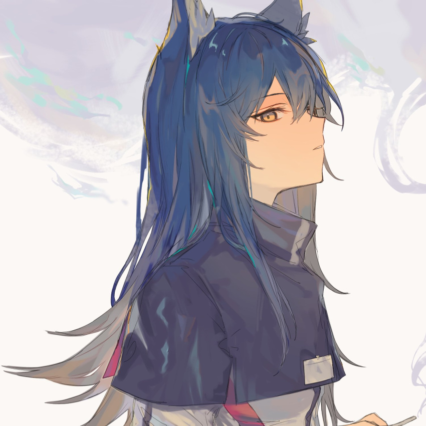 1girl, animal_ears, arknights, black_capelet, black_hair, breasts, capelet, cigarette