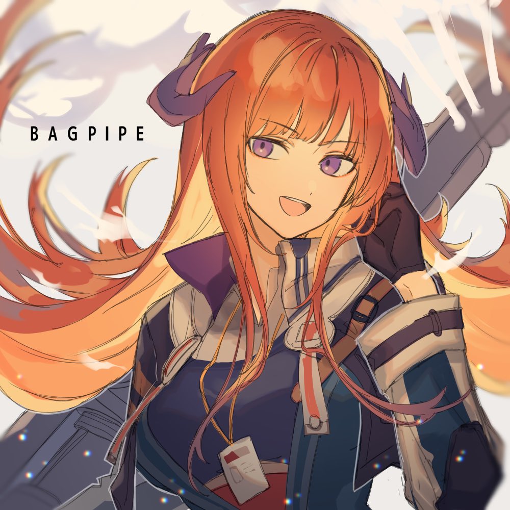 1girl, arknights, bagpipe_(arknights), black_gloves, black_vest, breasts, character_name, commentary
