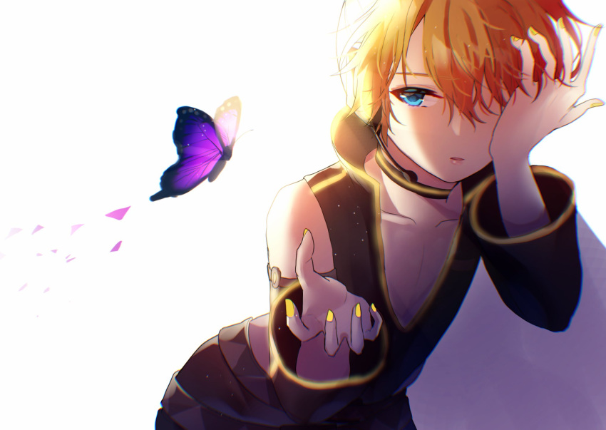 1boy, aryuma772, belt, black_vest, blonde_hair, bloom, blue_eyes, bug