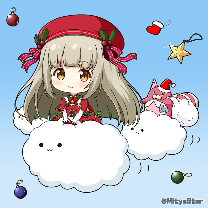 1girl, :3, bangs, bell, beret, blue_background, bow, brown_eyes, brown_hair, chibi, christmas_ornaments, christmas_stocking, closed_mouth, clouds, commentary_request, dress, elbow_gloves, eyebrows_visible_through_hair, fur-trimmed_headwear, gloves, hat, holding, holding_sack, hoshi_tanuki_(shironeko_project), long_hair, looking_at_viewer, loussier_ellerensia, miicha, red_bow, red_dress, red_headwear, sack, santa_hat, shironeko_project, smile, solid_circle_eyes, star_(symbol), striped, striped_bow, twitter_username, very_long_hair, white_gloves
