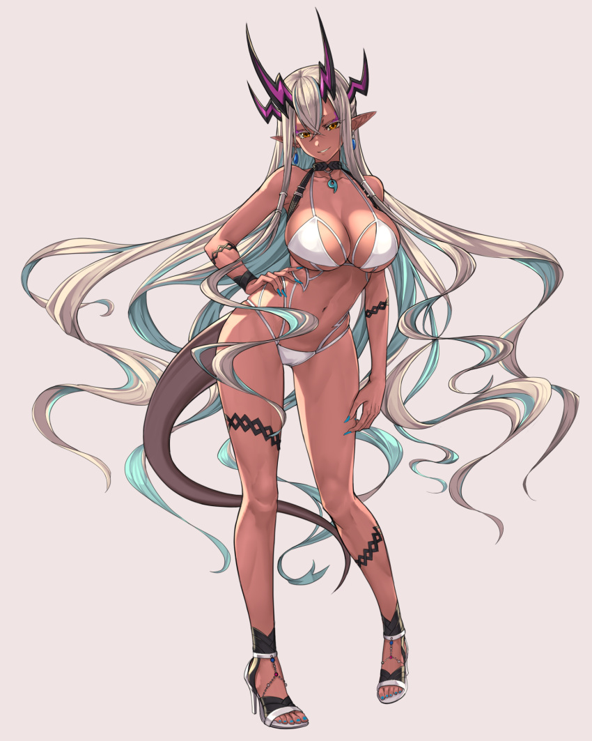 1girl, alba, aqua_nails, bangs, bare_shoulders, bikini, breasts, collarbone, colored_eyelashes, dark_skin, dark-skinned_female, earrings, fate/grand_order, fate_(series), full_body, hair_between_eyes, hand_on_hip, highres, horns, ibuki_douji_(fate), jewelry, large_breasts, long_hair, looking_at_viewer, magatama, multicolored_hair, navel, oni_horns, parted_lips, pointy_ears, red_eyes, sandals, simple_background, smile, swimsuit, tagme, tail, two-tone_hair, very_long_hair