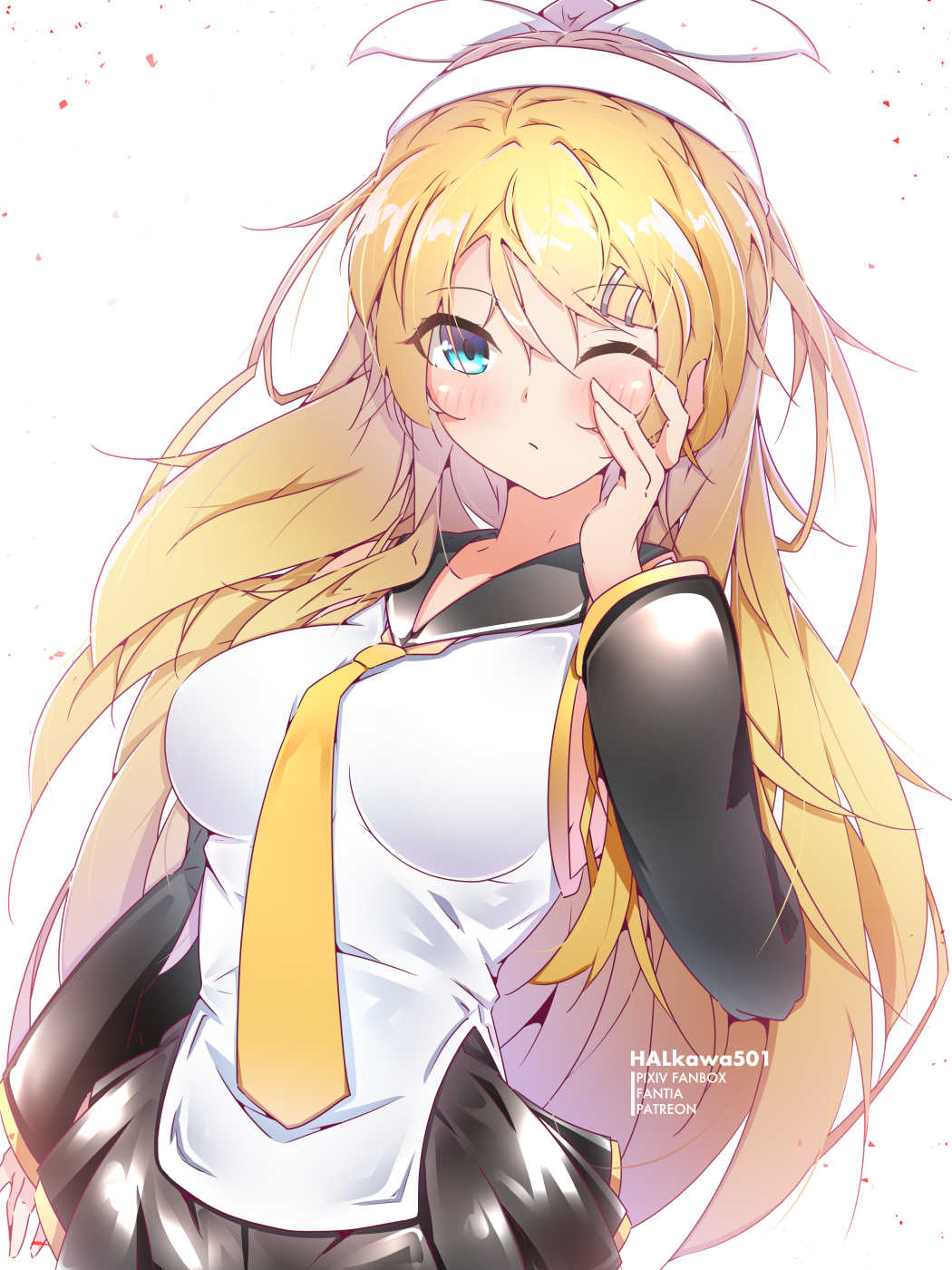 1girl, alternate_hair_length, alternate_hairstyle, black_collar, black_skirt, black_sleeves, blonde_hair, blue_eyes