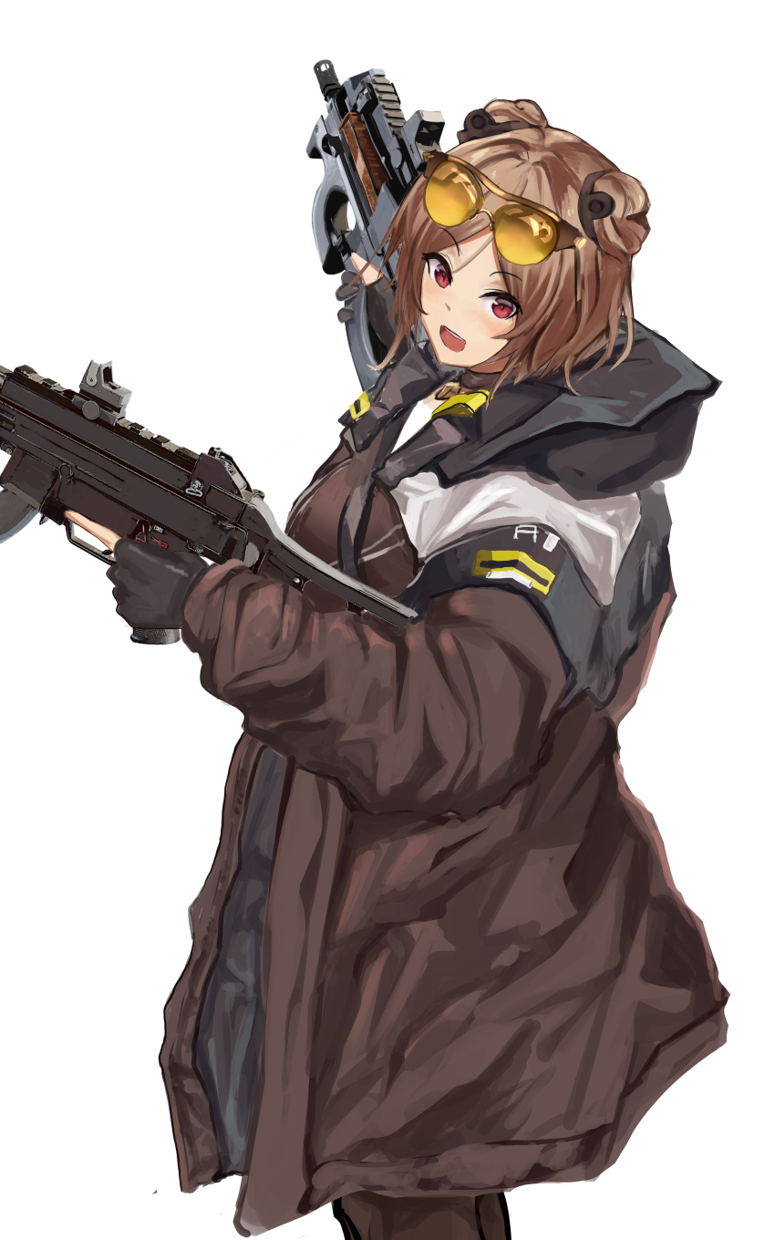 1girl, absurdres, blush, brown_hair, bullpup, double_bun, dual_wielding, girls_frontline