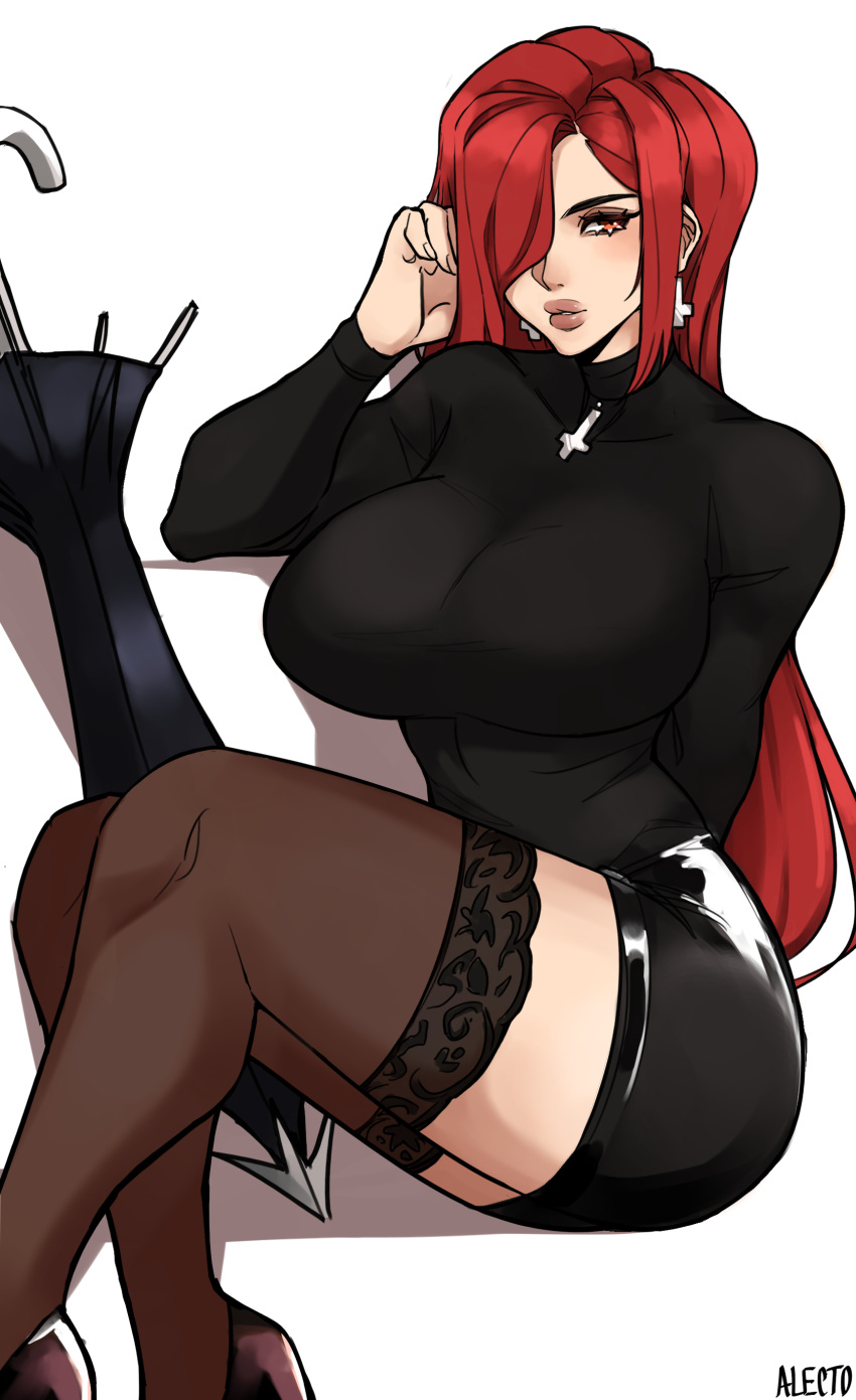 1girl, absurdres, alecto_0, black_dress, black_footwear, cross, dress, hair_over_one_eye