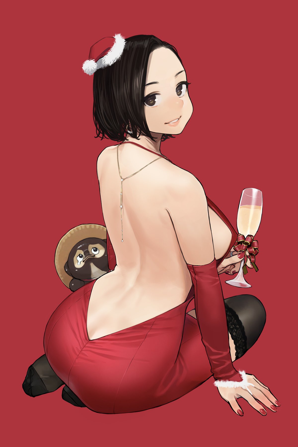 1girl, ass, back, backless_outfit, bare_shoulders, black_hair, black_legwear, breasts, bridal_gauntlets, brown_eyes, christmas, covered_nipples, forehead, fur-trimmed_gloves, fur_trim, ganbare_douki-chan, gloves, hat, highres, holding, jewelry, lace-trimmed_legwear, lace_trim, large_breasts, looking_back, medium_hair, mini_hat, nail_polish, okuzumi_maiko, red_background, santa_hat, sideboob, sitting, smile, solo, thigh-highs, yokozuwari, yomu_(sgt_epper)