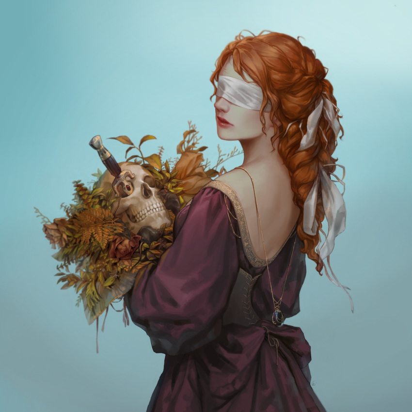 1girl, backless_dress, backless_outfit, blindfold, blue_background, braid, breasts, commentary, corset, covered_eyes, dagger, dress, english_commentary, facing_viewer, flower, gem, gradient, gradient_background, hair_ribbon, highres, holding, jewelry, leaf, lips, long_hair, long_sleeves, looking_back, necklace, nose, orange_hair, original, parted_lips, pendant, plant, procreate_(medium), puffy_long_sleeves, puffy_sleeves, purple_dress, rat, ribbon, skull, solo, standing, unodu, upper_body, weapon