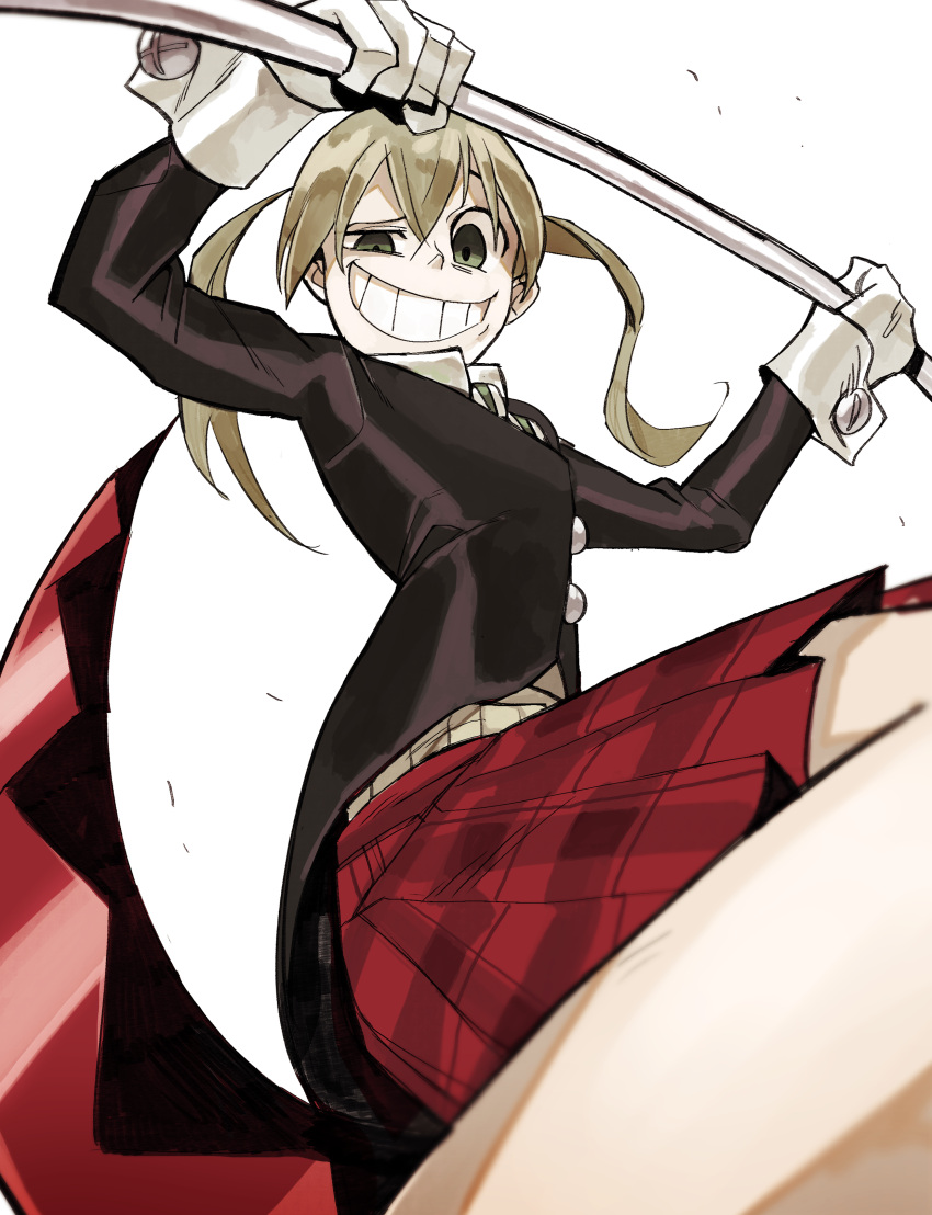 1girl, absurdres, arms_up, blonde_hair, gloves, green_eyes, grin, hair_between_eyes, highres, holding, holding_scythe, holding_weapon, looking_at_viewer, maka_albarn, medium_hair, plaid, plaid_skirt, red_skirt, scythe, simple_background, skirt, smile, solo, soul_eater, teeth, toot, twintails, weapon, white_background, white_gloves, wrist_cuffs