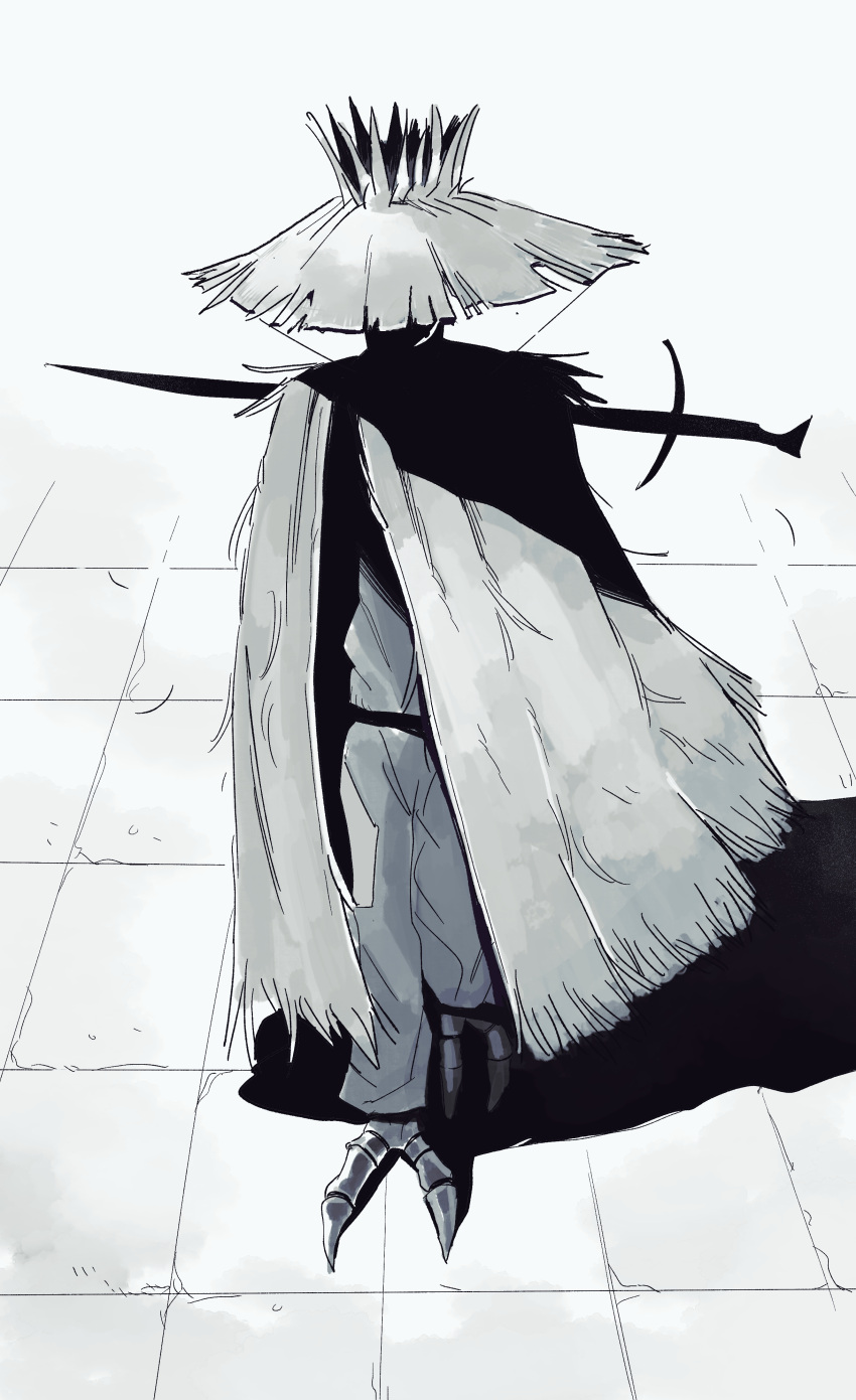 1boy, absurdres, cloak, greyscale, hat, highres, male_focus, monochrome, original, shaded_face, solo, straw_hat, sword, talons, toot, walking, weapon, weapon_on_back