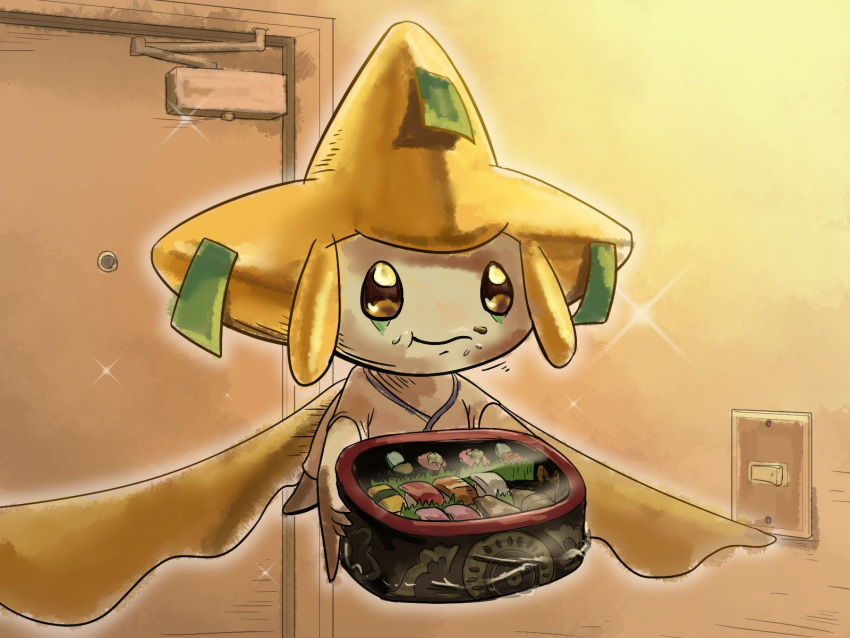 :t, box, brown_eyes, closed_mouth, commentary_request, door, floating, food