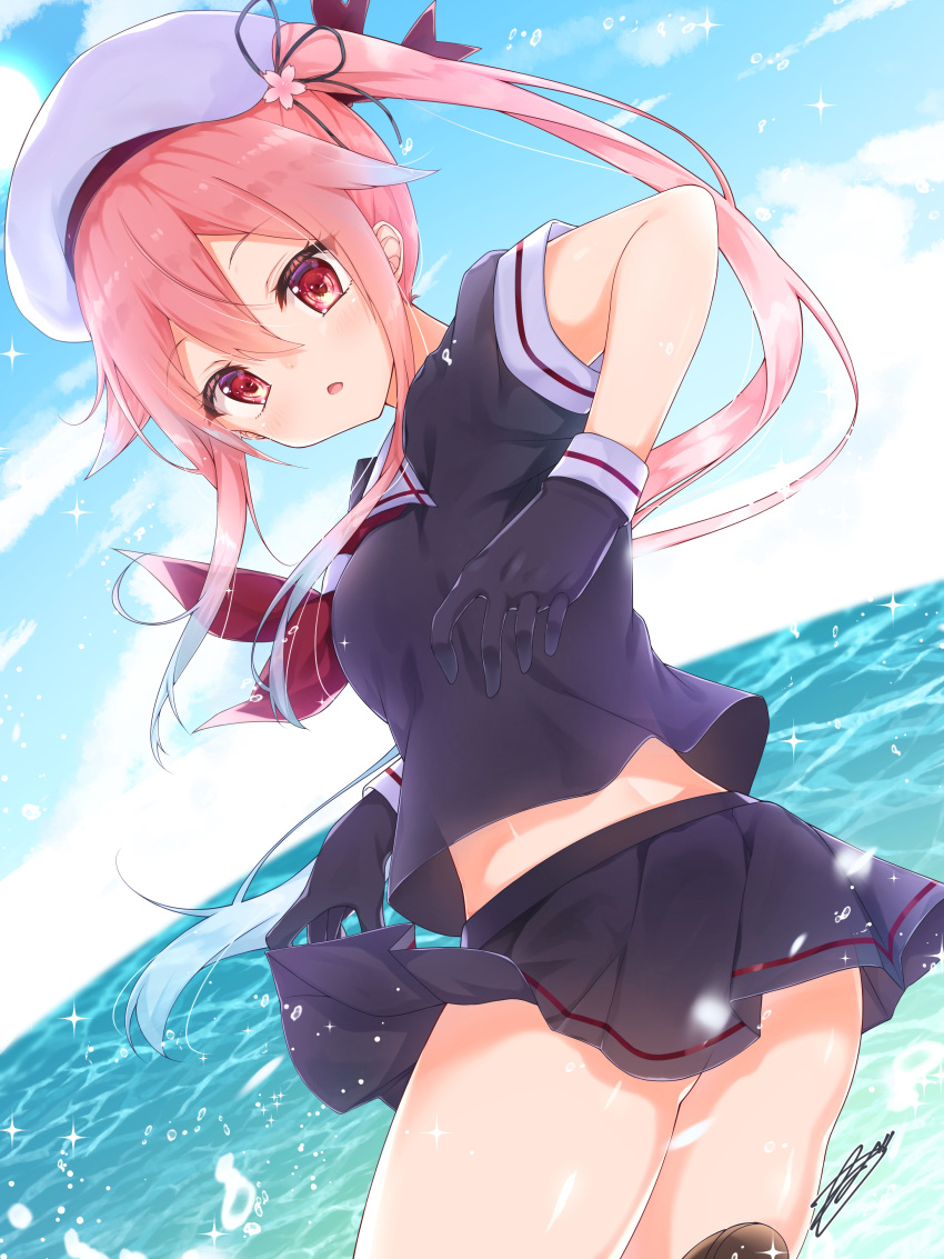 1girl, :o, absurdres, amatsuji, ass, bangs, black_gloves, black_shirt